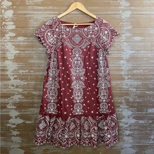 Anthropologie Feather Bone Ynez Eyelet Flounce Dress Maroon Blue Boho Preppy